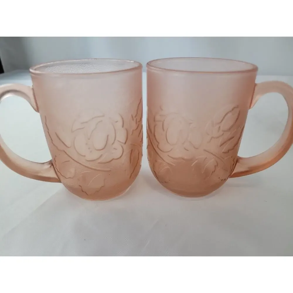 Pink Depression Glass Vintage Arcoroc France Rosaline Rose Coffee Mug Set of 4